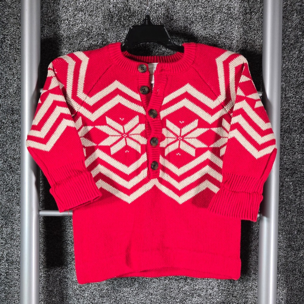 Hanna Andersson Kids Red Fair Isle Snowflake Henley Sweater 18-24 Months 67226